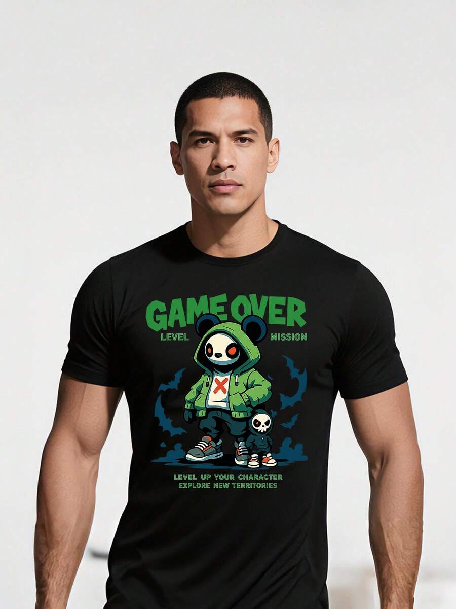 Hombres Playeras Negra Camiseta con Personaje de Juego de Panda en Estilo Cool - Negro - Ver 1