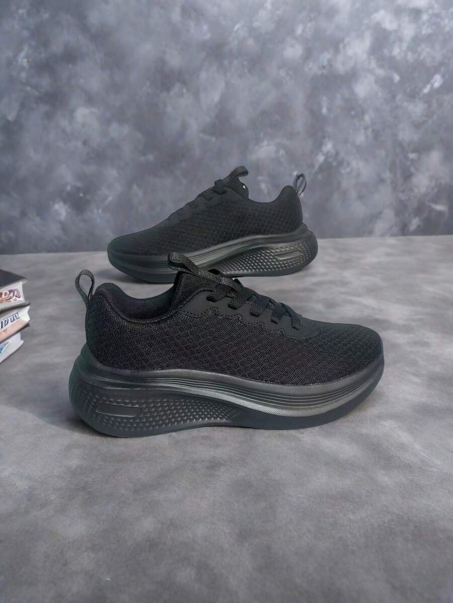 Kids Boys & Girls Breathable Mesh Casual Sports Shoes, Lace-Up Anti-Slip Running Sneakers - Black - View 1