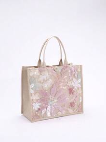 1个多色亮片网纱拼接亚麻手提包，时尚花叶刺绣图案大容量单肩包，女士休闲度假沙滩购物手提包（花色随机分布），闪亮亮片包，女士优雅款，粉色 - 淺粉色 - 查看 4