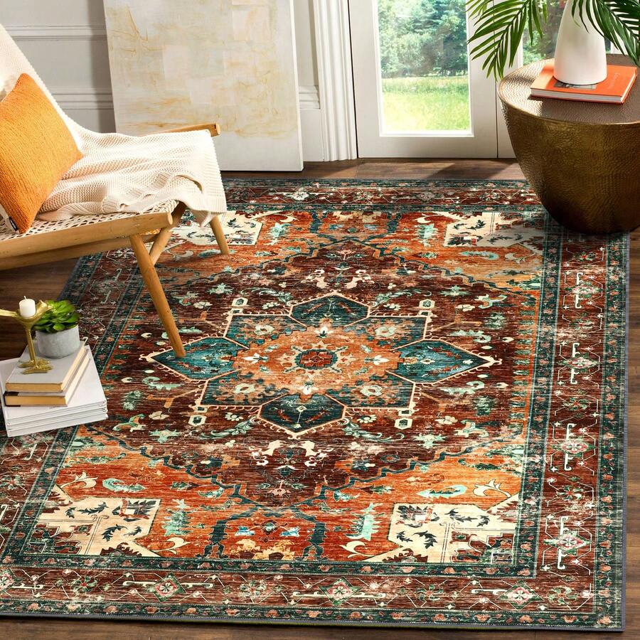 Non-Slip Washable Boho Vintage Area Rug Large Rug, Living Room Bedroom Rug With Rubber Backing, Low Pile Faux Wool Soft Distressed Rug Floor Carpet For Living Room, Bedroom - trái cam - Xem 1