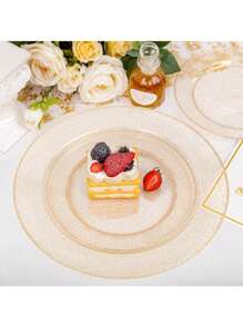 25 pièces de papier doré pailleté, plateau à salade et couverts, plateaux de 10,25 pouces et 7,5 pouces, convenant aux célébrations, fêtes, événements extérieurs, mariages, restaurants et fournitures scolaires