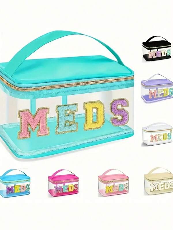 Reusable Fashion Letters Transparent Makeup Bag, Preppy Style Patch Cosmetic Bag Zipper With Handle, Clear PVC Waterproof Glitter Makeup Tote Bag Travel Toiletry Storage Bag For Women And Home, Travel, Patients And Nurses.
