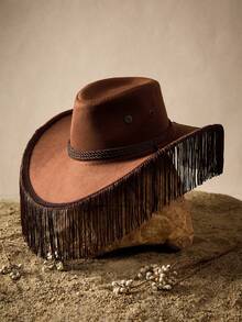 Tropiscape 波西米亚风单件装女士流苏西部牛仔帽，户外防晒，适合锐舞派对、音乐节、舞蹈表演等场合，牛仔帽，女牛仔帽，圣诞度假氛围，休闲海滩，秋季圣诞节，冬季圣诞节礼物 - 流蘇 - 查看 4