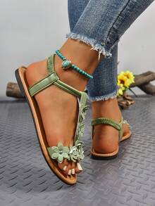 Women's Fashion Comfortable Sandals, Versatile Embroidered Beach/Outdoor Flat Sandals,Boho Style,Spring Summer Outfits - Green - View 5