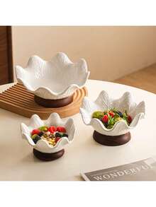1pc Ceramic Bowl, Lotus Leaf Shaped With Solid Wood Base, Available In Multiple Sizes, Suitable For Desserts, Ice Cream, Salad, Fruits, Etc. Can Be Used In Kitchen, Living Room, Dining Room,School Supplies - White - View 4