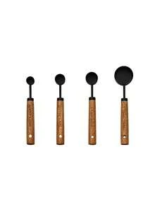 4件套量杯量勺，不锈钢材质，木柄，可叠放，厨房工具，适用于烘焙、烹饪、干湿食材计量 - 黑色不沾漆量匙4件套裝 - 查看 4