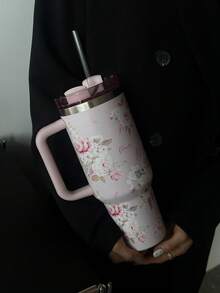 1pc Watercolor Floral Design 40oz-14oz Large Capacity Travel Mug With Handle, Stainless Steel Insulated Cup, Suitable For Car, Travel, School, Office, Outdoor, Gym, Home, Perfect Gift For Women, Teens, Holidays, Birthdays (With Straw)