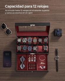 Caja de Reloj, Estuche de Reloj con Tapa de Cristal de 2 Niveles para 12 Relojes, Cerradura, 1 Cajón, para Anillos Pulseras, Regalo Ideal, Negro y Forro Rojo, Regalo de Navidad - Rojo - Ver 5