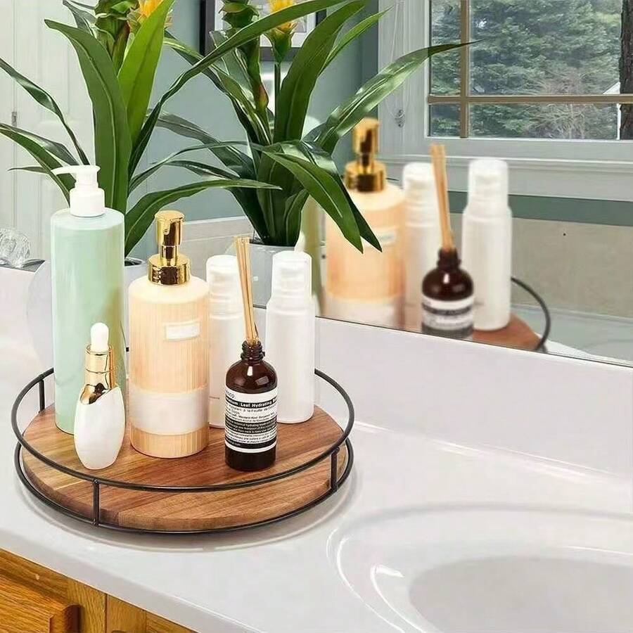 360°旋转木制化妆品收纳盒，带钢制手柄 - 适用于浴室和梳妆台的化妆品收纳托盘，非常适合存放杂物和配件浴室配件返校
