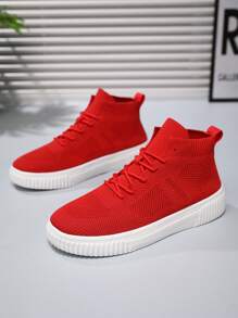 Men's High-Top Casual Sneakers, Breathable Knit Upper, Streetwear Style, Suitable For All Seasons
