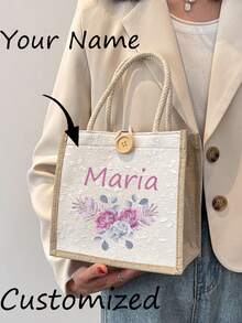 1个亚麻花朵手提包，可定制姓名Logo，简约大容量手提包，便携休闲收纳手提包，多功能购物袋，个性化礼品袋，适合婚礼、生日、海滩等场合，独特，可定制的女士礼物，书包/大学背包，大号手提包，送给女性、职场新人、白领、女友的理想礼物，感谢老师的礼物，定制女士单肩包，街头休闲时尚 - 彩色 - 查看 7