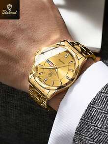 BINBOND 2 件情侣石英表罗马数字时尚不锈钢防水男士腕表女士情侣手表情人节礼物 - 金色 - 查看 2