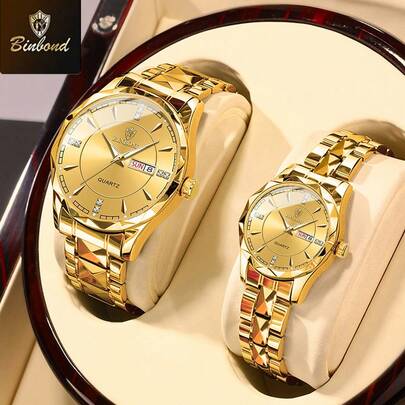  BINBOND 2PCS Couple Quartz Watch Roman Numeral Fashion Stainless Steel Waterproof Men Wristwatch Women Lovers Watches Valentine's Day Gift For Lovers