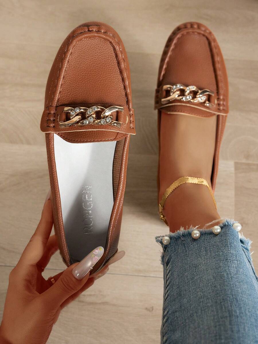 New Spring Women's Chain Decorated Loafers, Soft Leather Slip-On Flat Penny Loafers - Brown - View 1
