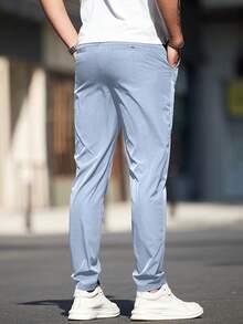 Men's Solid Color Slant Pocket Casual Slim Fit Pants, Suitable For Daily Commute - Baby Blue - View 3