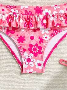 Young Girl Floral Print Ruffle Trim Swimsuit Set - Pink - View 3