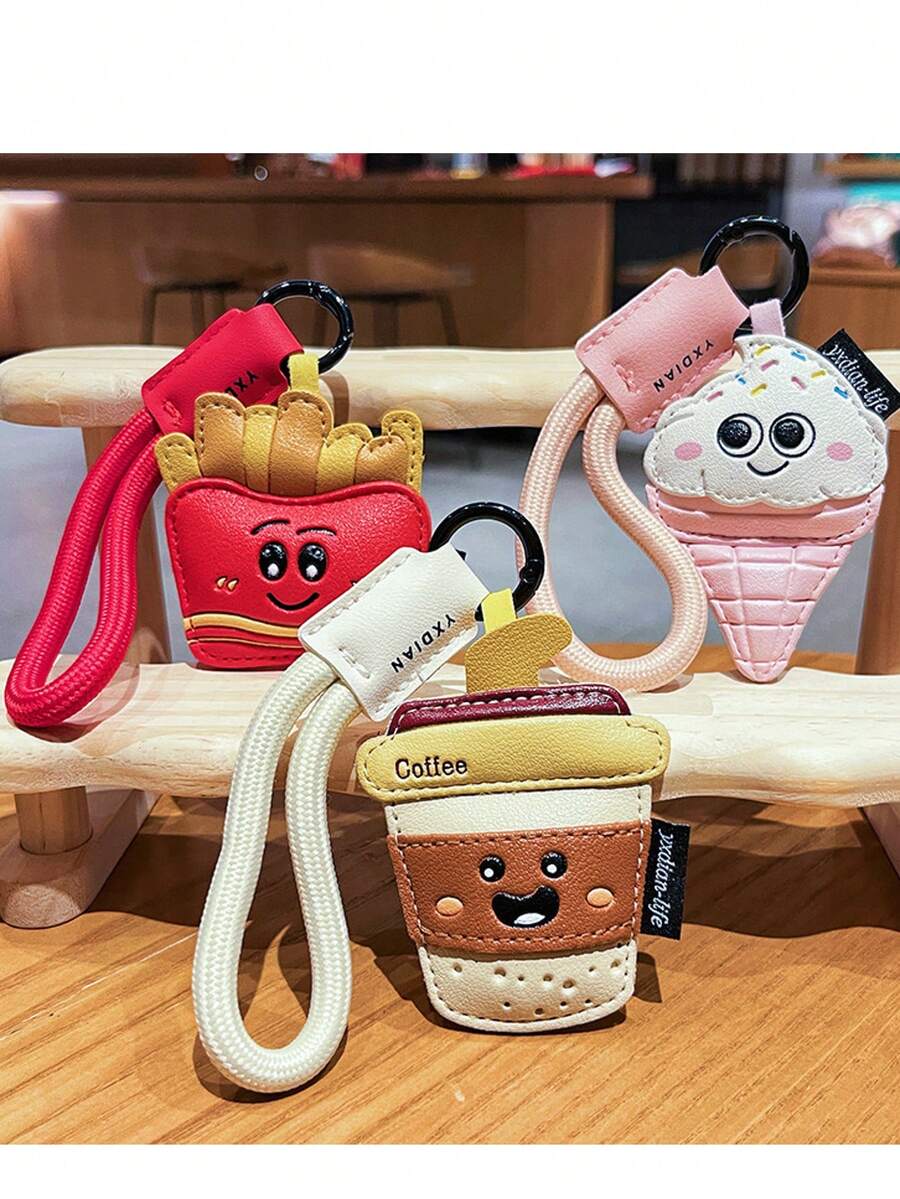 夏季创意卡通皮质零食钥匙扣包饰可爱薯条咖啡冰淇淋情侣包饰小礼物钩针沙滩饰品 - 彩色 - 查看 1