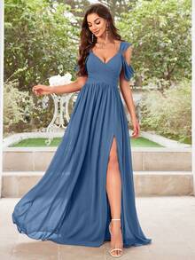 UNITHORSE 女士纯色简约日常雪纺露肩连衣裙伴娘服 - 霧霾藍 - 查看 1