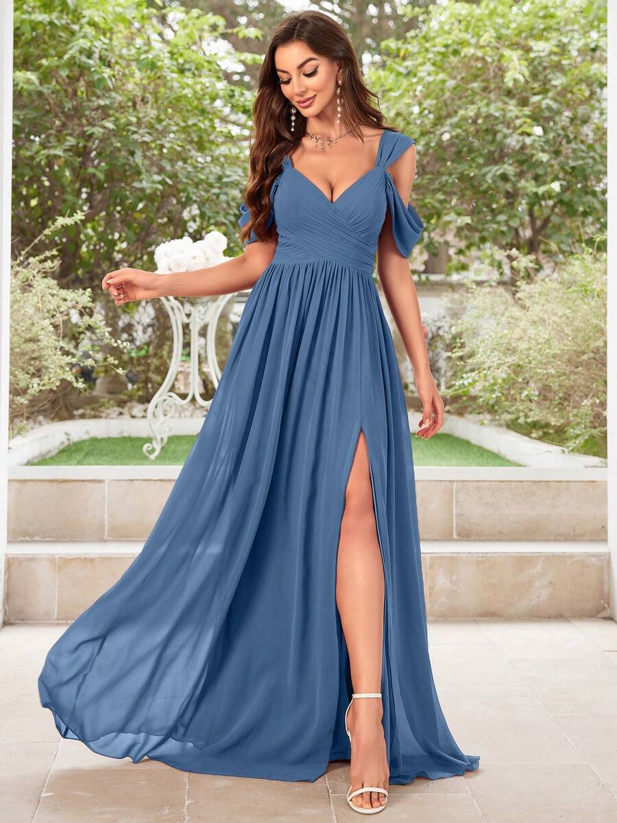 UNITHORSE 女士纯色简约日常雪纺露肩连衣裙伴娘服 - 霧霾藍 - 查看 1