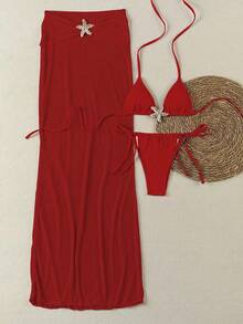 Polovedo 官方新款春夏优雅性感纯红色海星三件套比基尼，女士沙滩度假派对约会装 - 紅色 - 查看 2