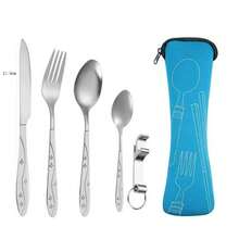 新款不锈钢便携式餐具套装，5件套，幸运星设计，户外旅行露营刀叉勺小勺礼盒套装，304不锈钢吉祥花卉5件套，含开罐器、开瓶器、西式牛排刀叉勺、创意收纳袋，户外便携套装 - 彩色 - 查看 17
