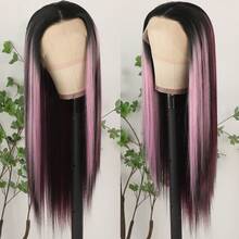 Purple Color Lace Front Wigs Pre Plucked Hairline Long Straight Wigs For Fashion Women Girls Party Daily Wear Glueless Dark Purple Lace Front Synthetic Wigs 13x4 Free Part Heat Resistant Fiber Hair 28 Inch 180% Density - 挑染粉色 - 查看 9