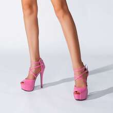 Women's Ankle Cross Strap Sandals Platform Stiletto Dress Zip - Rose Red Mirror - View 4