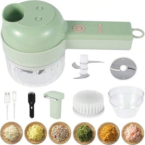 Minicortador de verduras eléctrico portátil recargable con puerto USB, procesador de alimentos multifuncional 4 en 1 para licuar verduras: ajo, perejil, zanahorias, puerros, okra y picar carne. Cortador de verduras eléctrico portátil 4 en 1, minicortador de verduras inalámbrico portátil con cepillo de limpieza para jengibre, cebolla, apio, jengibre y carne. Cortador de verduras eléctrico 4 en 1, multifunción, procesador de alimentos inalámbrico portátil, cortador de alimentos portátil para ajo, pimiento, chile, cebolla, apio, zanahoria y berenjena. Cortador de verduras eléctrico 4 en 1, cortador de verduras portátil, cortador de alimentos portátil para cebolla, jengibre, chile, cebolla, ajo y carne.
