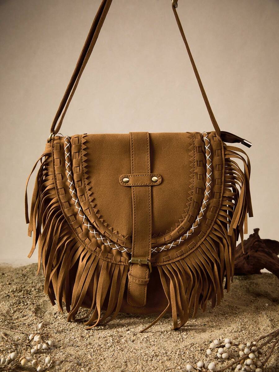 Tropiscape Túi đeo chéo vai tua rua du lịch mới 2024 dành cho nữ, túi đeo chéo vai, túi yên ngựa, thích hợp cho kỳ nghỉ mùa thu/đông, thư giãn, bãi biển, mùa thu, Giáng sinh, Giáng sinh, mùa đông, quà tặng Giáng sinh - màu nâu - Xem 1