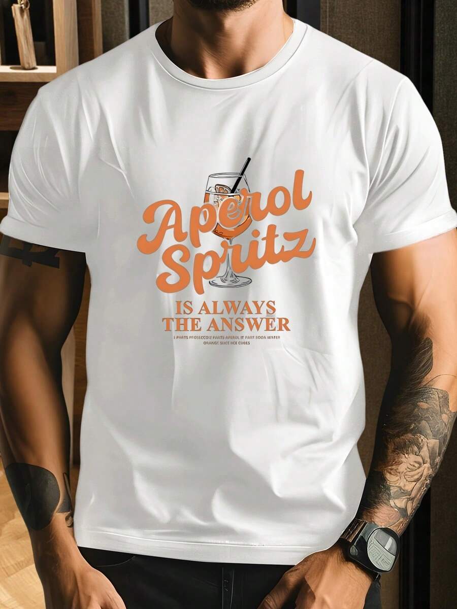 Men's Aperol Spritz Pattern T-Shirt, 220 G/M², Pure Cotton, Short-Sleeved, Round Neck, Summer T-Shirt (1 Piece) - 白色 - 查看 1