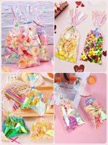 50 pièces Sacs en cellophane pour friandises, sacs en cellophane irisés holographiques, sacs à cadeaux avec liens torsadés, pour fête d'anniversaire, mariage, Fête des mères, Noël, Saint-Valentin