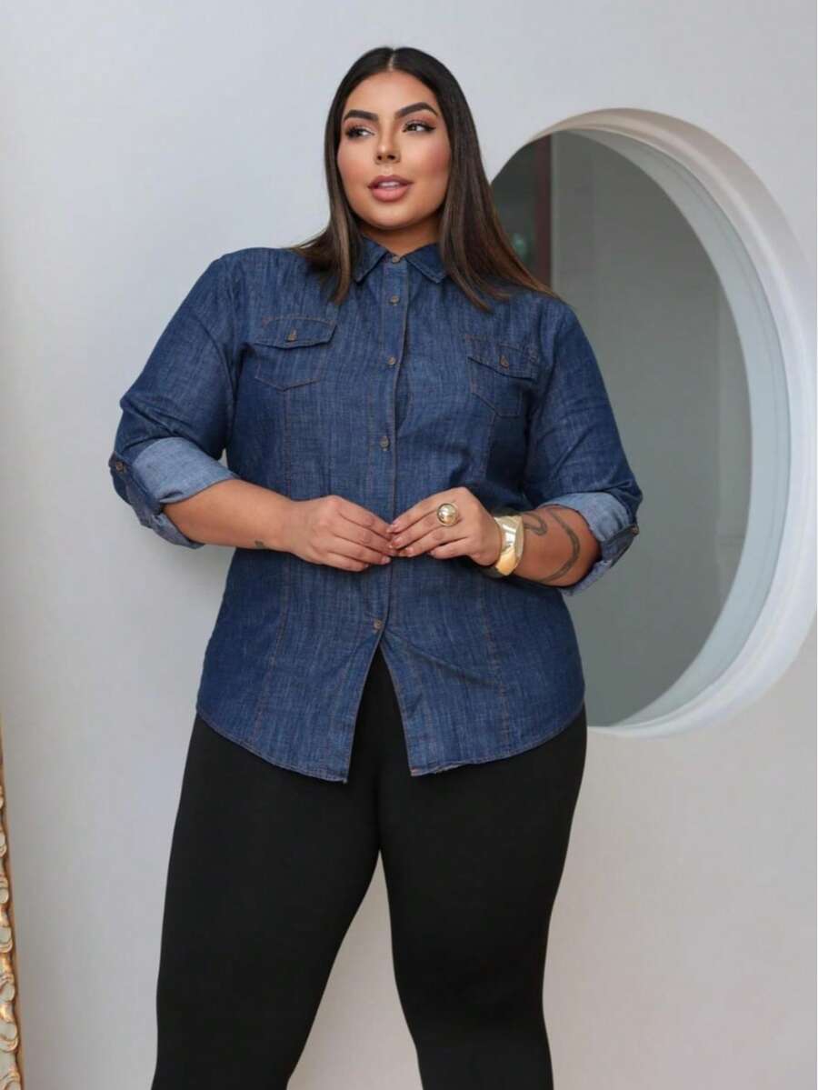 Women's Denim Shirt Check Launch With Adjustable Sleeve Casual Elegant Jeans Button - Navy Blue - View 1