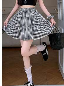 Women's Pleated Plaid Skirt With Lining, Casual Cute Sexy Party Tie Bow Ruffle Hem Mini Skirt