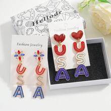 1Pair American Flag Color USA Letter Rhinestone Rice Bead Heart Shape Drop Earrings, Women's Independence Day Party Gift Earrings Pendant