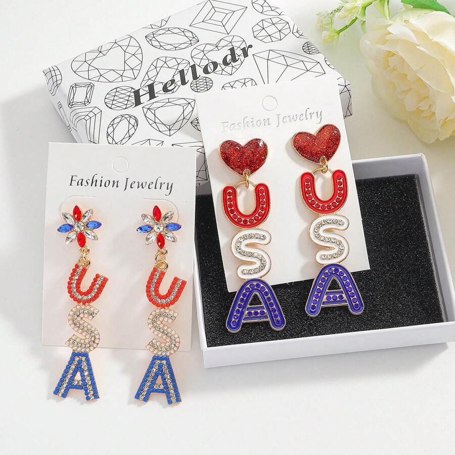 1Pair American Flag Color USA Letter Rhinestone Rice Bead Heart Shape Drop Earrings, Women's Independence Day Party Gift Earrings Pendant