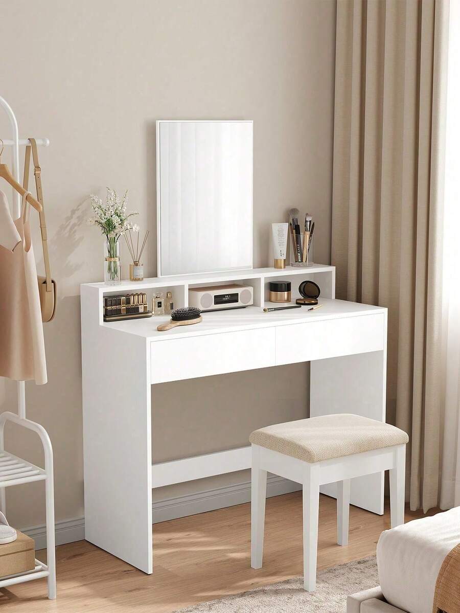 Dressing Table With Large Mirror, Vanity Table With 2 Drawers And 3 Compartments, Makeup Table, Modern, 40 X 100 X 140 Cm, White - White - View 1