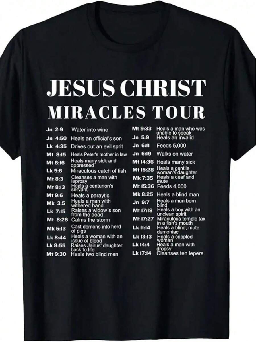 Camiseta con estampado de la gira de milagros de Jesucristo, 100% algodón, cuello redondo, tejido de punto de elasticidad media, ajuste regular, para hombres y mujeres, uso diario y casual - Negro - Ver 1
