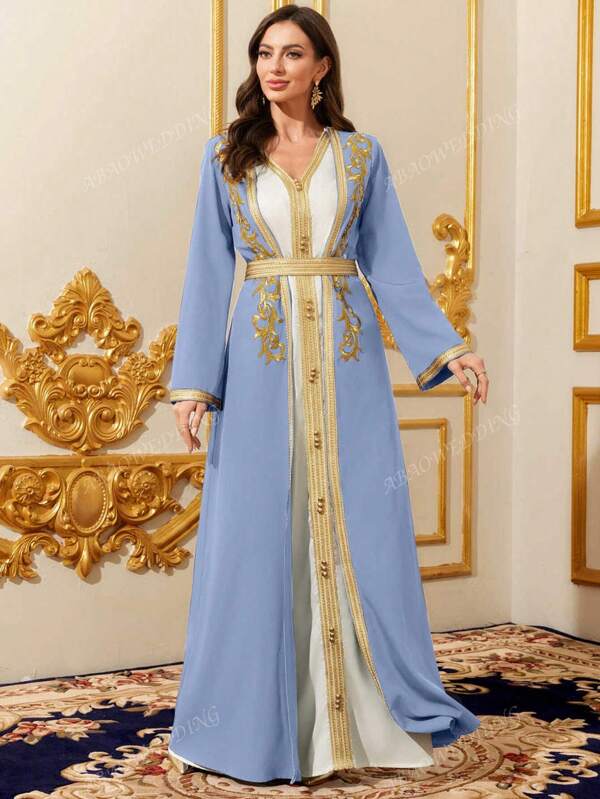 Nouveau ensemble de 2 pièces de longue robe de femme du Moyen-Orient de Dubaï, robe à broderie avec ruban doré