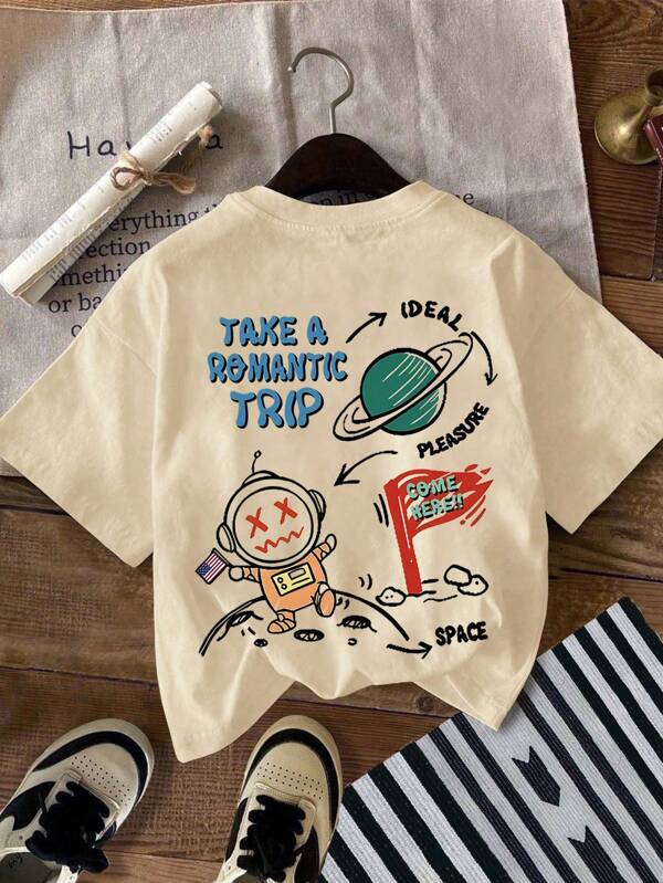 Tween Boy Cartoon Print Crew Neck T-Shirts Summer Boy's Casual Tee Soft Tops