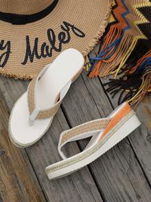 Women's Contrast Color Webbing Toe Strap Thick Sole Summer Beach Vacation Casual Wear Comfortable Versatile Half-Sling Sandals - Beige - View 8