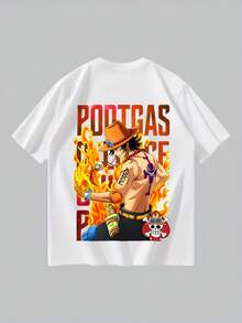 Men Black And White 100% Cotton T-Shirt Soft Breathable Short-Sleeved T-Shirt With Anime Print Loose Couple Short-Sleeved 195g Summer Short-Sleeved With Print <ONE PIECE>