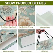 Borsa regalo grande riutilizzabile e vintage, pesante e robusta, con motivo floreale, senza carta velina inclusa, adatta per regali per compleanni, matrimoni, feste, festa della mamma e altre occasioni speciali, verde