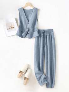 Women's Casual Vacation Linen Blazer, Vest And Pants Set, Spring/Summer