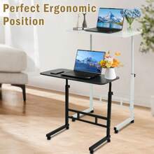 Mobile Side Table 23.7 Inch/31.5 Inch Computer Desk With Wheels Height Adjustable Rolling Potable Laptop Cart, C-Shaped Bed Couch Sofa End Tables With Edge Stopper For Livingroom Bedroom