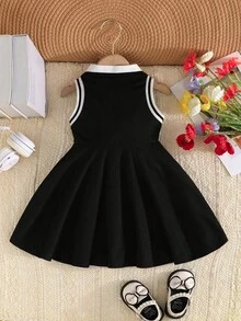 女宝宝轻盈透气可爱学院风刺绣领连衣裙，优雅时尚 - 黑色 - 查看 2