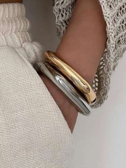 1pc Exaggerated Geometric Metal Texture Bangle Bracelet, Metallic Square Alloy Spring Clasp Gold Cuff Wristband For Daily Wear