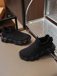 一双儿童简约透气运动鞋男童防臭舒适一脚蹬厚底运动鞋针织袜鞋休闲鞋 - 黑色 - 查看 6