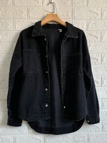 Famininas Drop Shoulder Denim Jacket - 黑色8332# - 查看 1