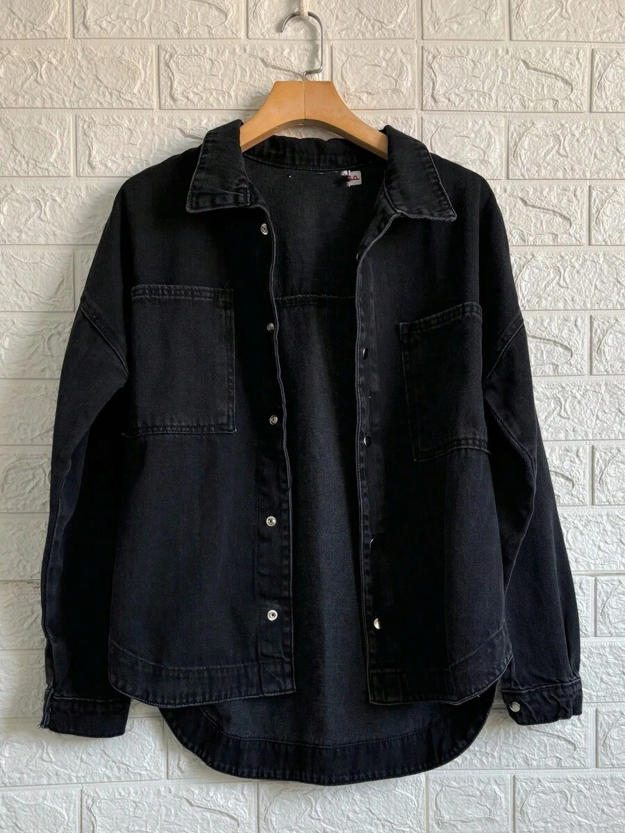 Famininas Drop Shoulder Denim Jacket - 黑色8332# - 查看 1