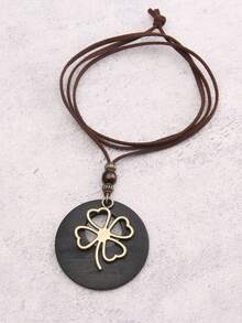 1pc Retro Bohemian Style Wooden Alloy Leaf Pendant Necklace, Fashion Halloween Holiday Gift Decoration, Unisex Jewelry, Student Souvenir Gift